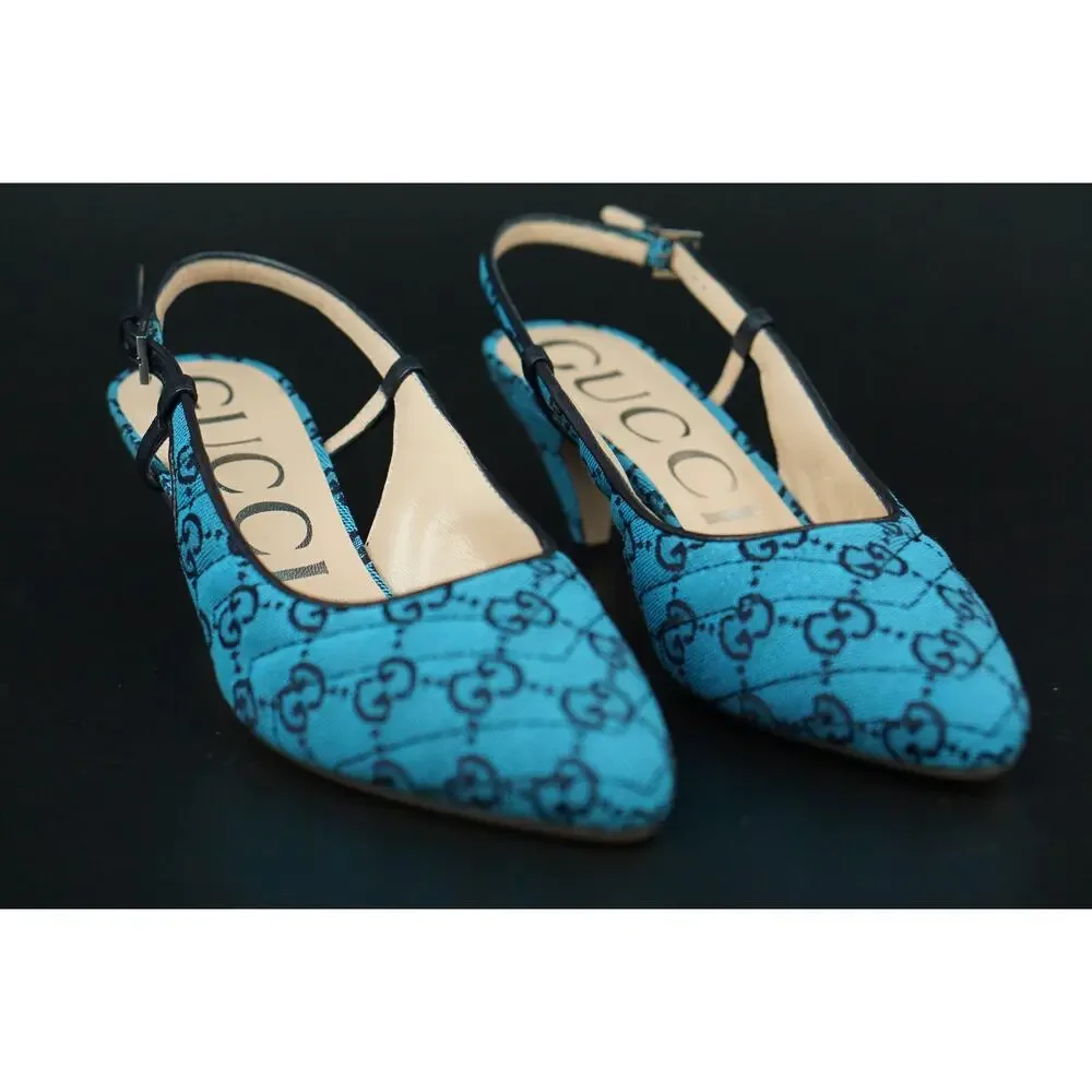 Gucci Charlotte Blue Canvas GG Strap Pointed Toe Slingback Pumps Size 37 $695